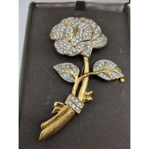 Nolan Miller Glamour Collection Rose Flower Rhinestone Gold Tone Brooch Pin